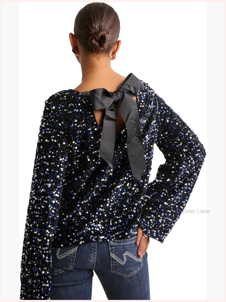 Long Sleeve Sequin Crop Top Shiny Sparkle Blouse Party Clubwear